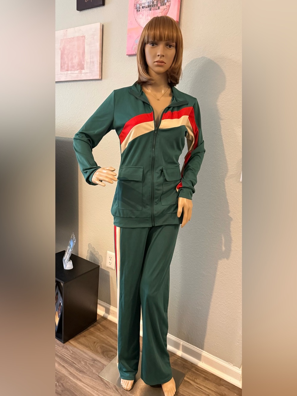 Green Track Jacket & Wide-Leg Pants Set with Red and Cream Accents